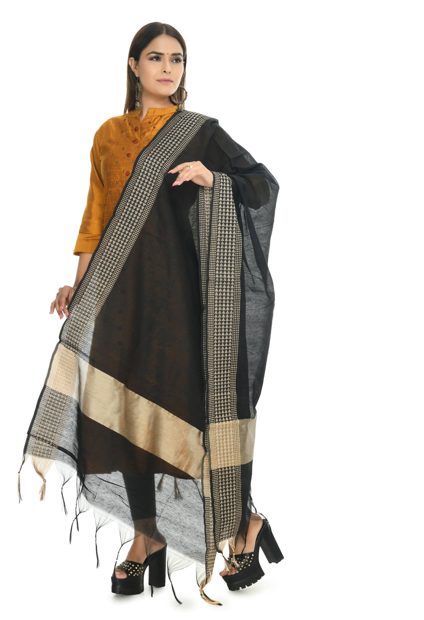 Mominos Fashion Moeza Women's Handloom Cotton Black Dupatta