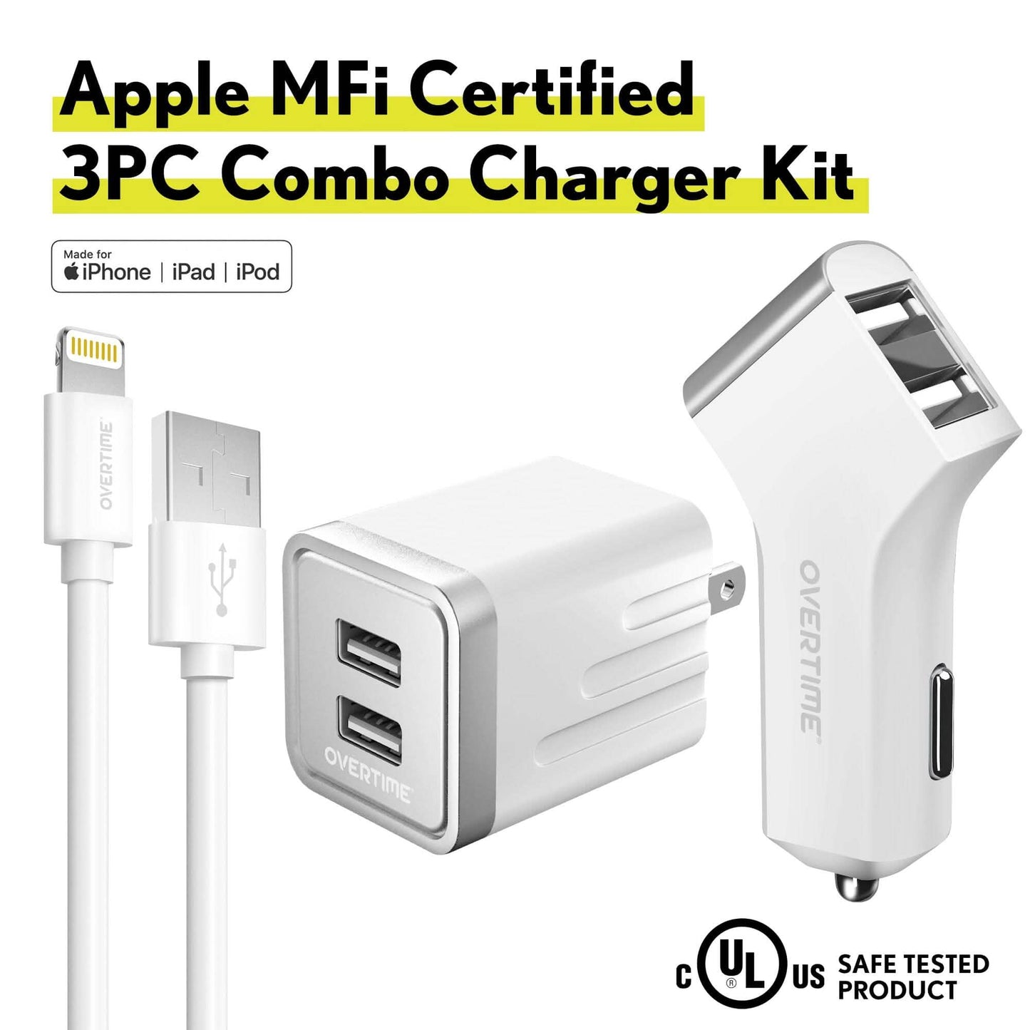 Overtime Home and Car Complete Charging Kit: Fast Wall & Car Chargers + Durable Lightning Cable