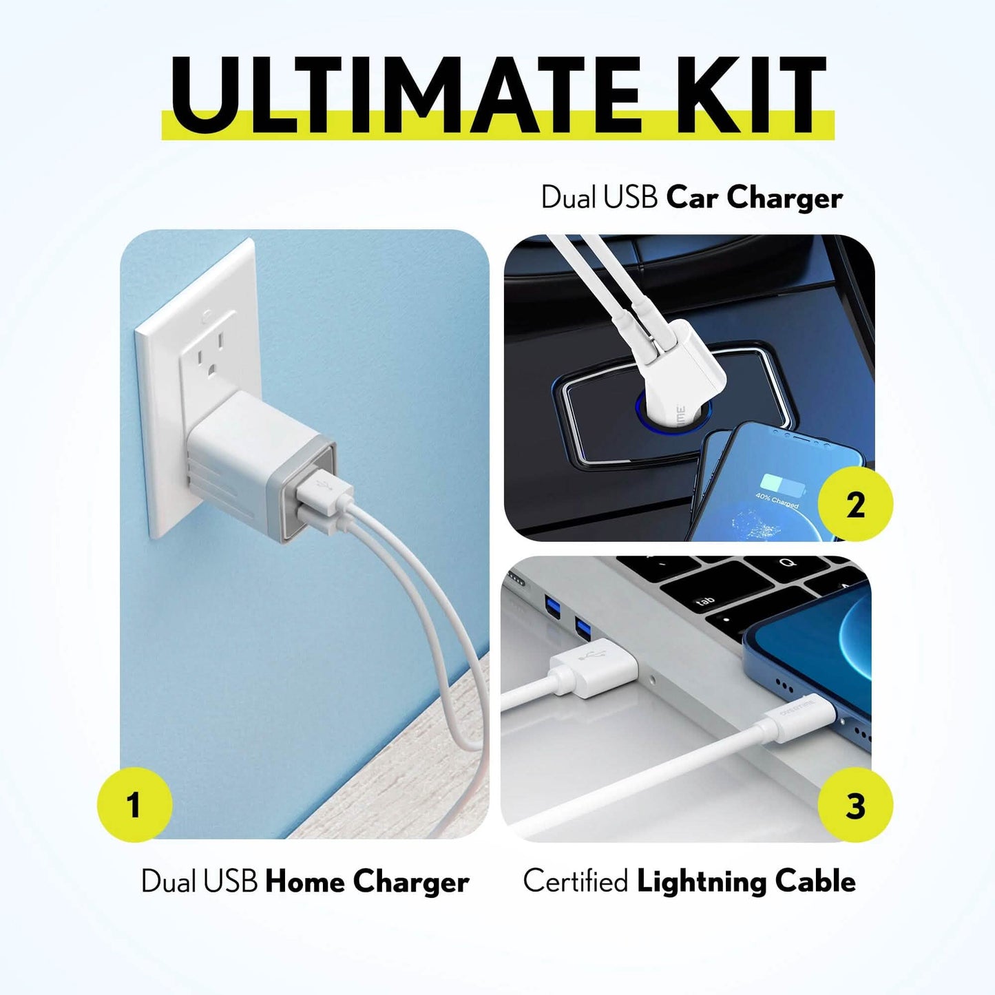 Overtime Home and Car Complete Charging Kit: Fast Wall & Car Chargers + Durable Lightning Cable