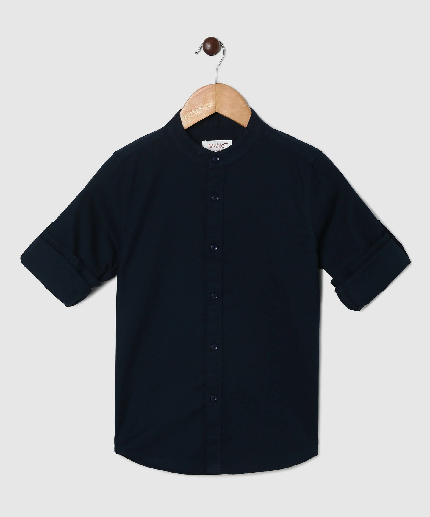 Manet Boys Mandarin Collar Full Sleeves Melange Shirt - Navy Blue