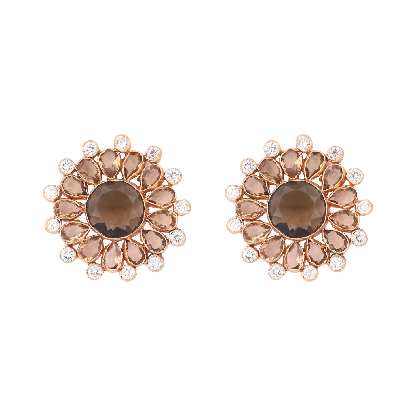 Nuyug 22K Gold Plated Faux Smoky Quartz & White Crystal Studded Contemporary Floral Shaped Studs