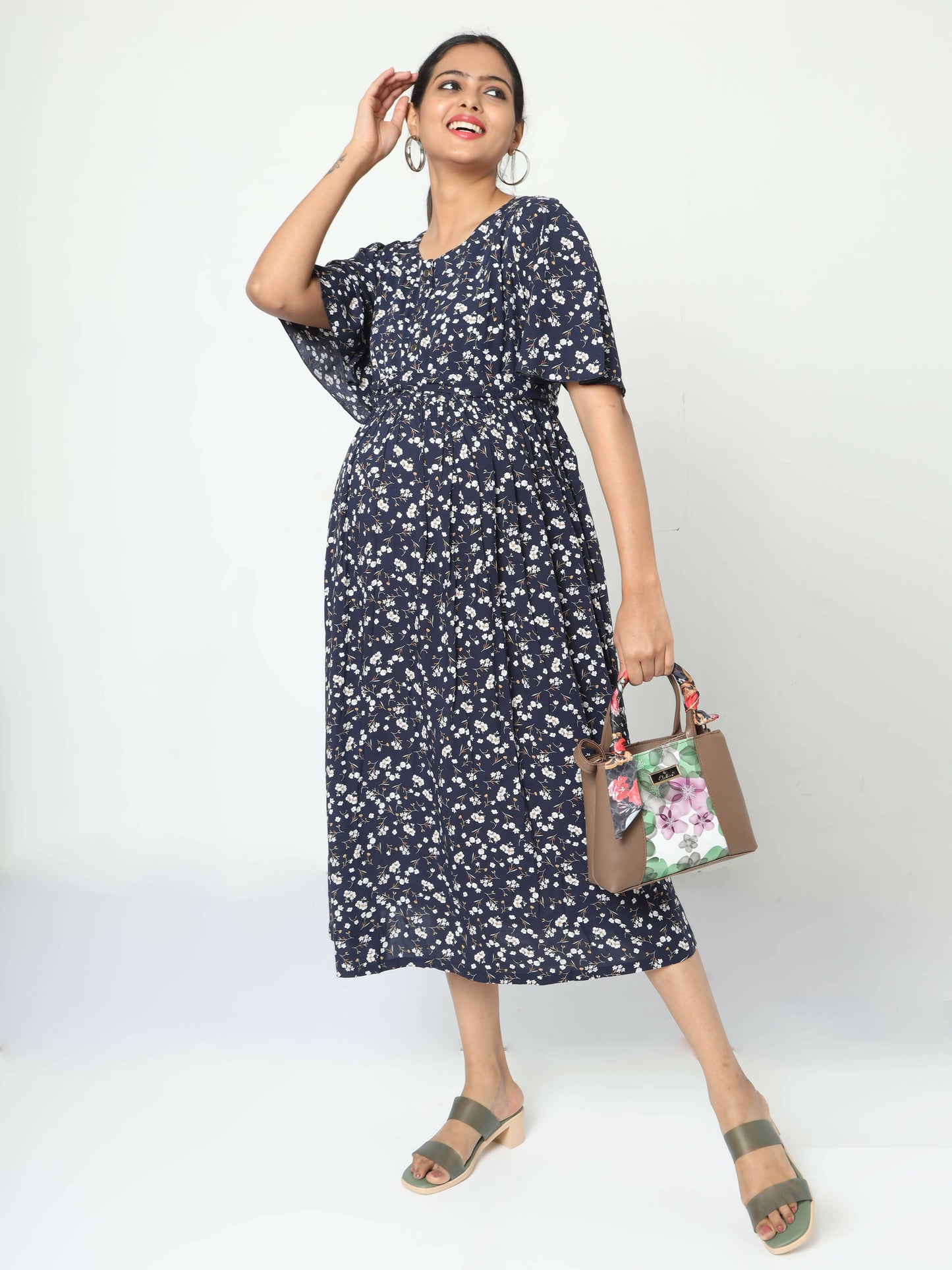 Manet Frill Slevees Maternity Dress Floral Print With Concealed Zipper Nursing Access - Navy