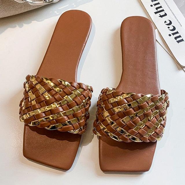 Party Luxury Ladies Slippers Charm Design Open-Toe Beach Flat Sandals Casual Flip Flops Women Shoes Flat Sandals Slip On Slide Sandals Leather Strap Flat Sandals
