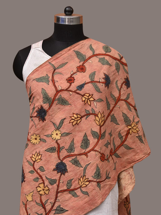 Peach Kalamkari Hand Painted Sico Stole with Floral and Birds Design - Global Threads