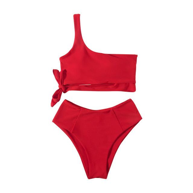 Women Swimsuit Bikini One Shoulder Top High Waist Bottom