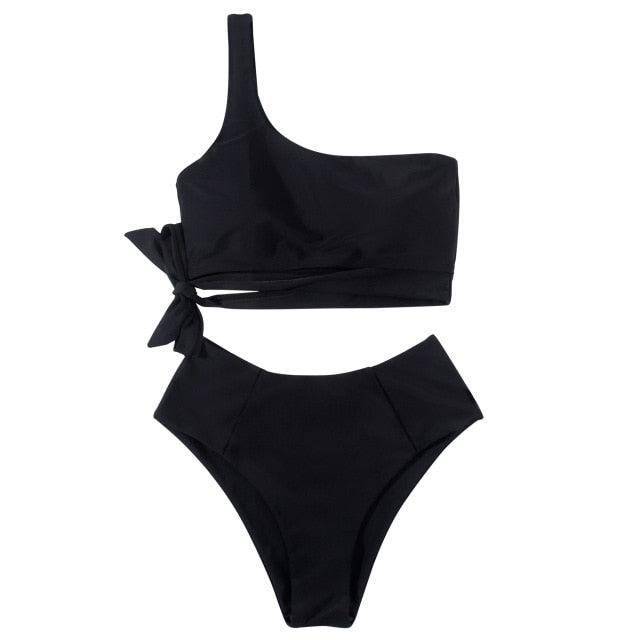 Women Swimsuit Bikini One Shoulder Top High Waist Bottom