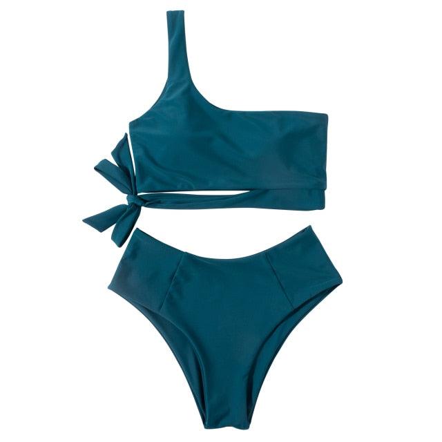 Women Swimsuit Bikini One Shoulder Top High Waist Bottom