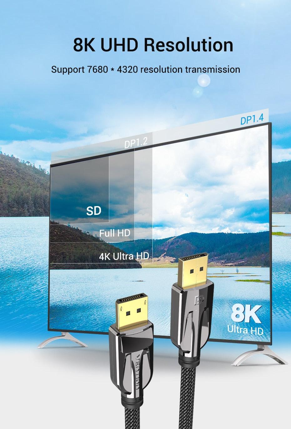 Fast 1.4Gbps 8K 60Hz 4K HDR  Display Port Audio Cable for Video PC Laptop TV