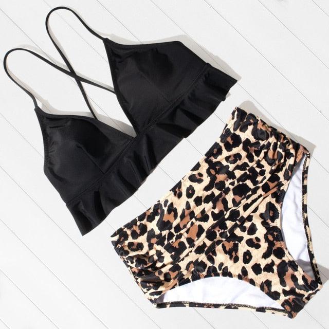 Women Swimsuit Bikini One Shoulder Top High Waist Bottom