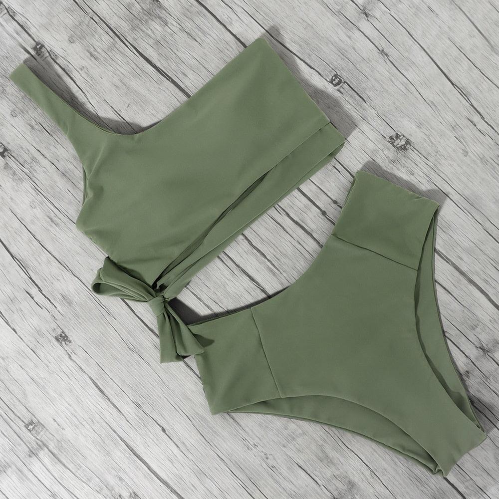 Women Swimsuit Bikini One Shoulder Top High Waist Bottom