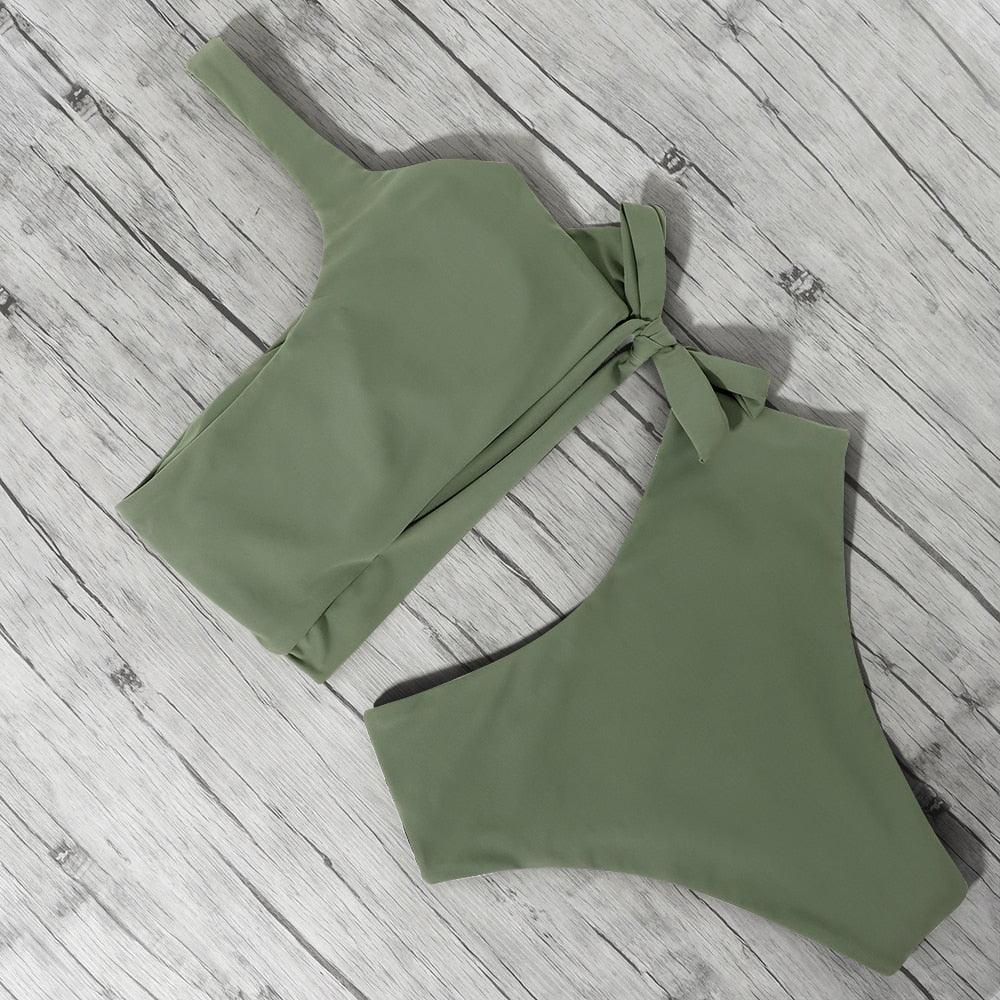 Women Swimsuit Bikini One Shoulder Top High Waist Bottom