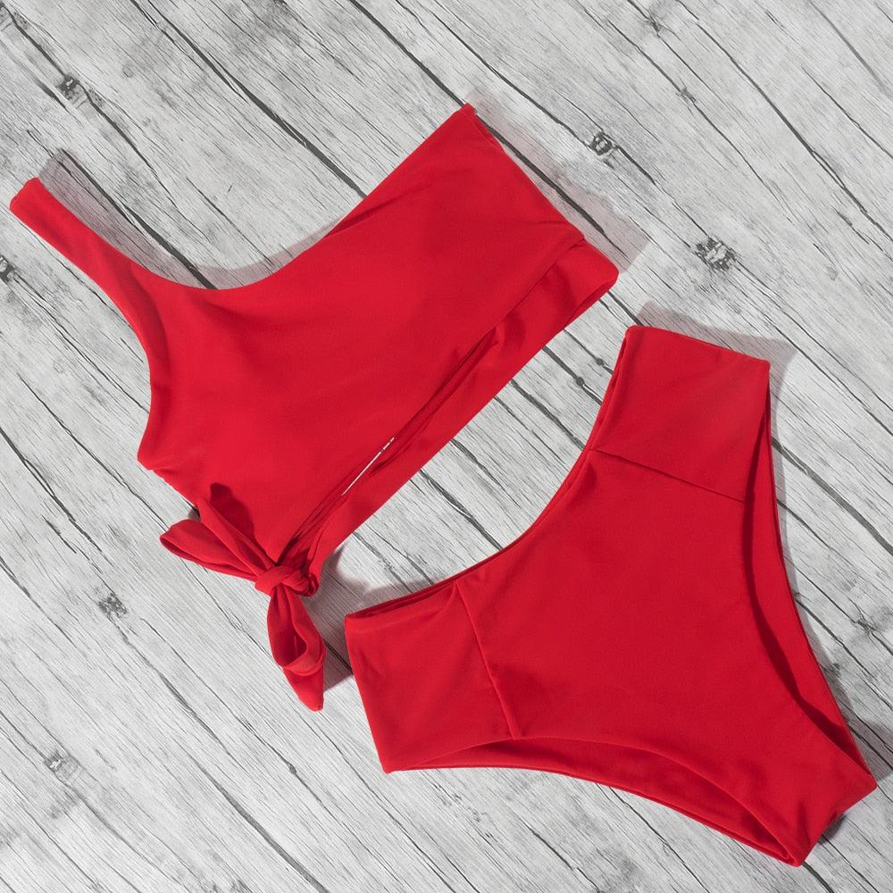 Women Swimsuit Bikini One Shoulder Top High Waist Bottom