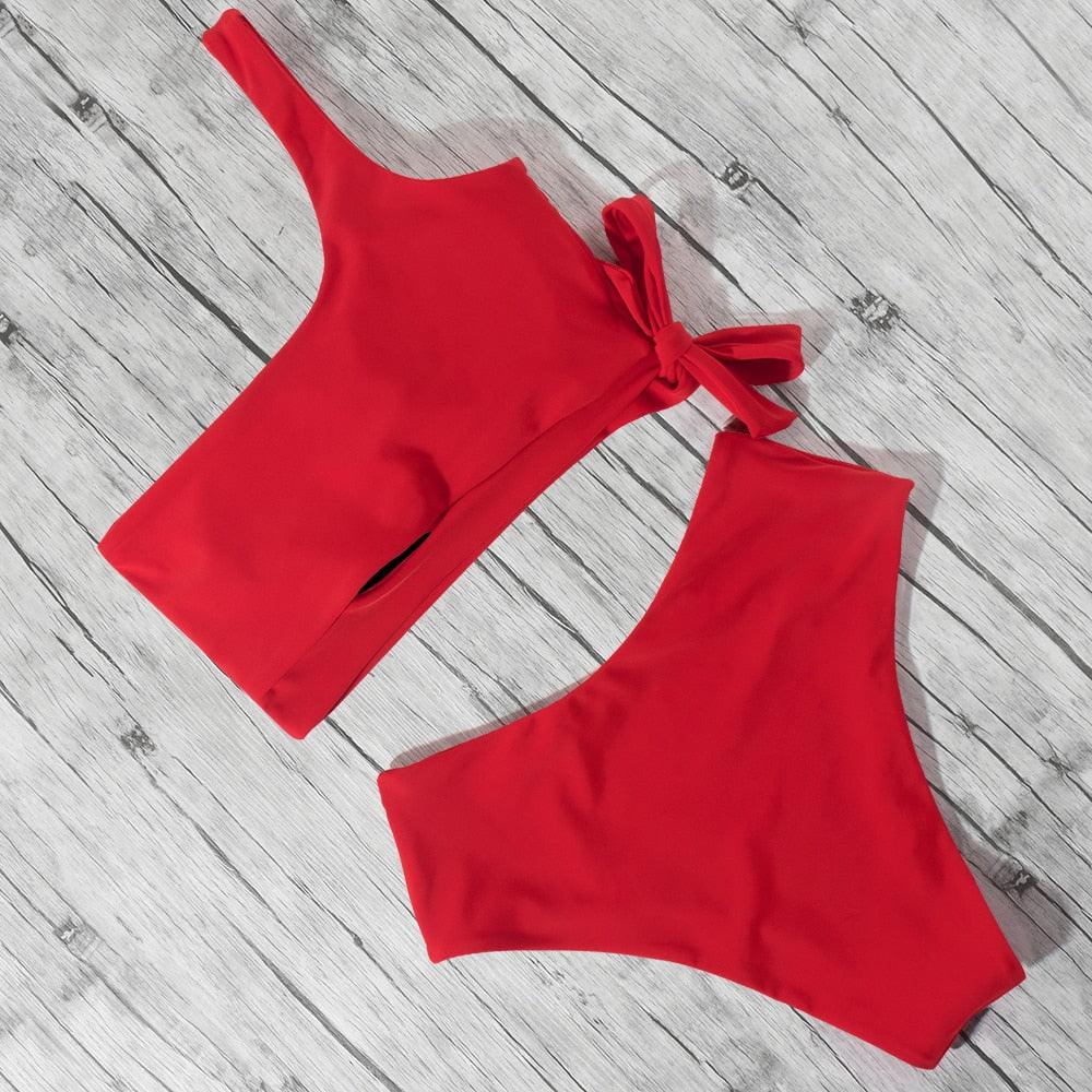 Women Swimsuit Bikini One Shoulder Top High Waist Bottom