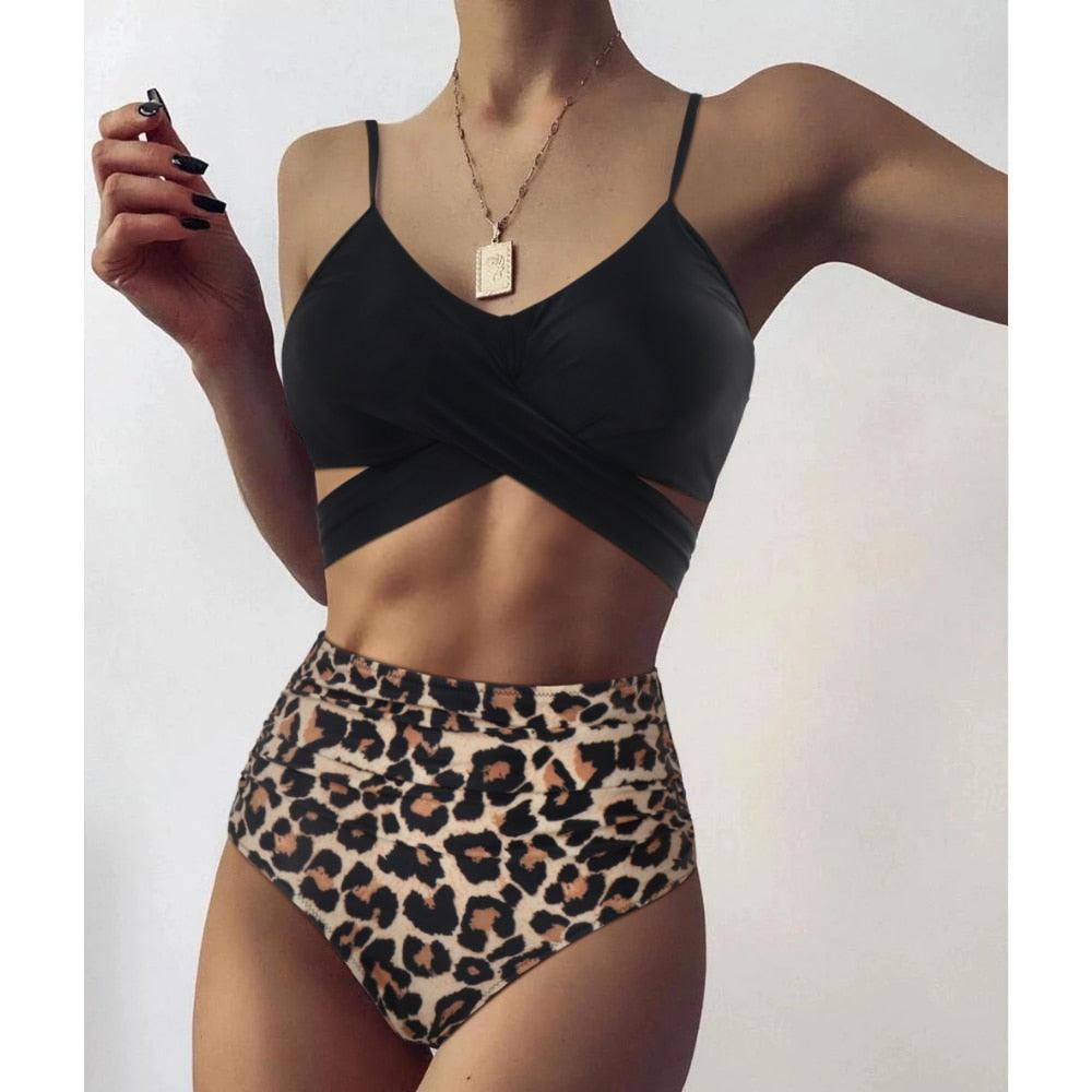 Women Swimsuit Bikini One Shoulder Top High Waist Bottom