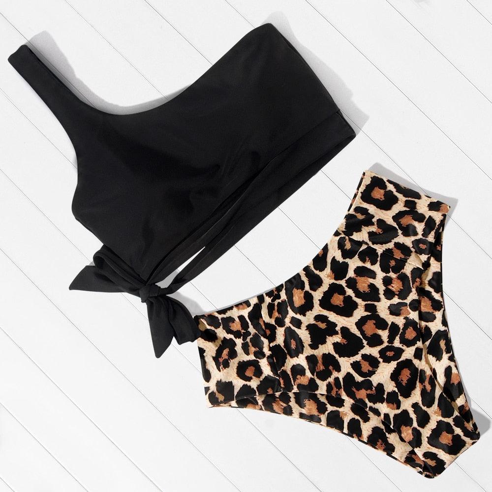 Women Swimsuit Bikini One Shoulder Top High Waist Bottom