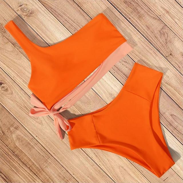 Women Swimsuit Bikini One Shoulder Top High Waist Bottom