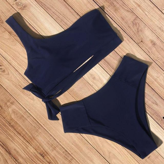 Women Swimsuit Bikini One Shoulder Top High Waist Bottom