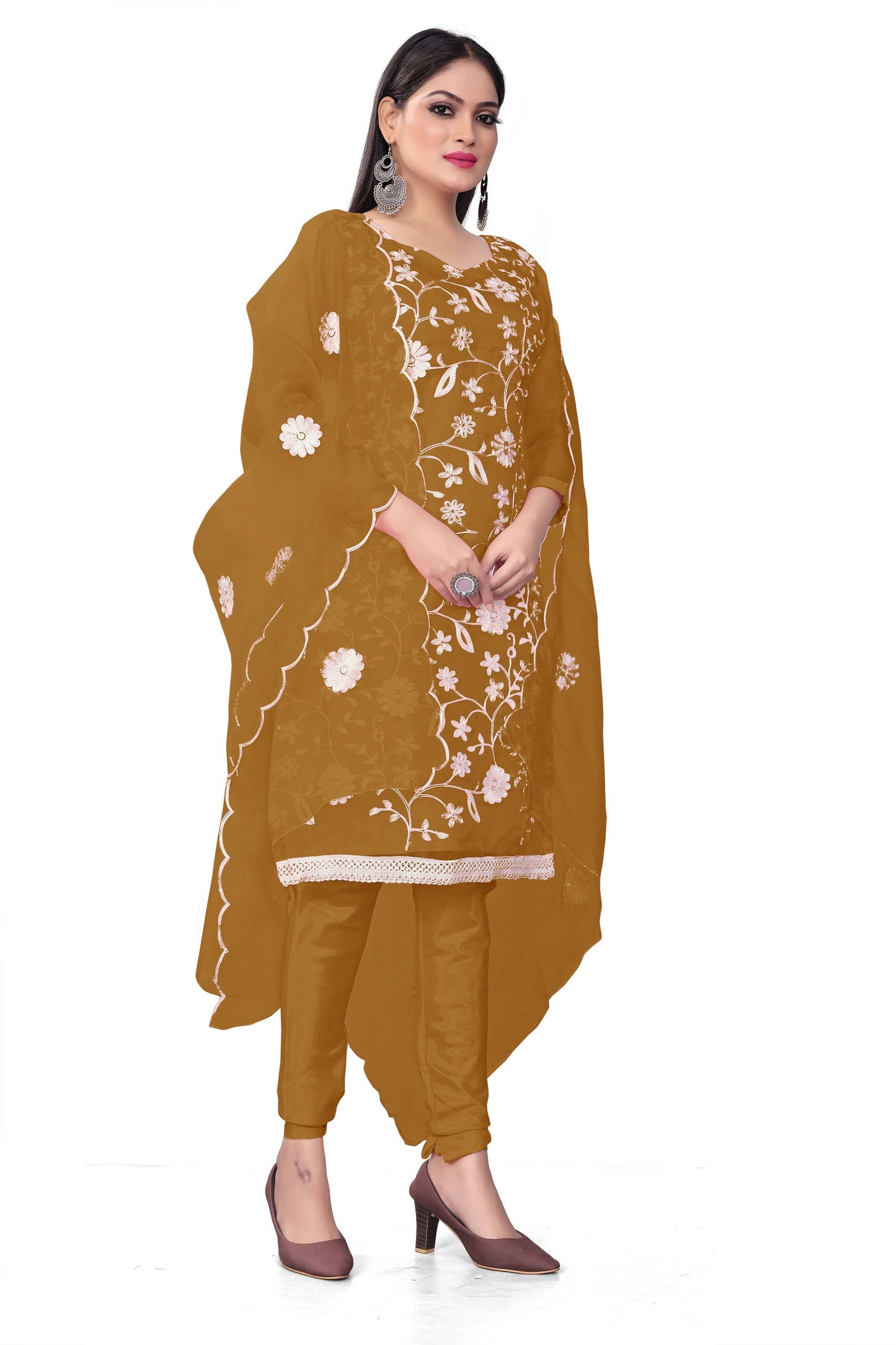 Olive Organza Silk Embroidered Work Unstitched Dress Material - Tanvi