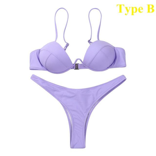 Push Up Unpadded Bikini Set Women 4 Colors Bandage Bikini Set Swimsuit Thong Bottom Swimwear Two Pieces Plain Bikini Bathing Suit Swimwear Bathing