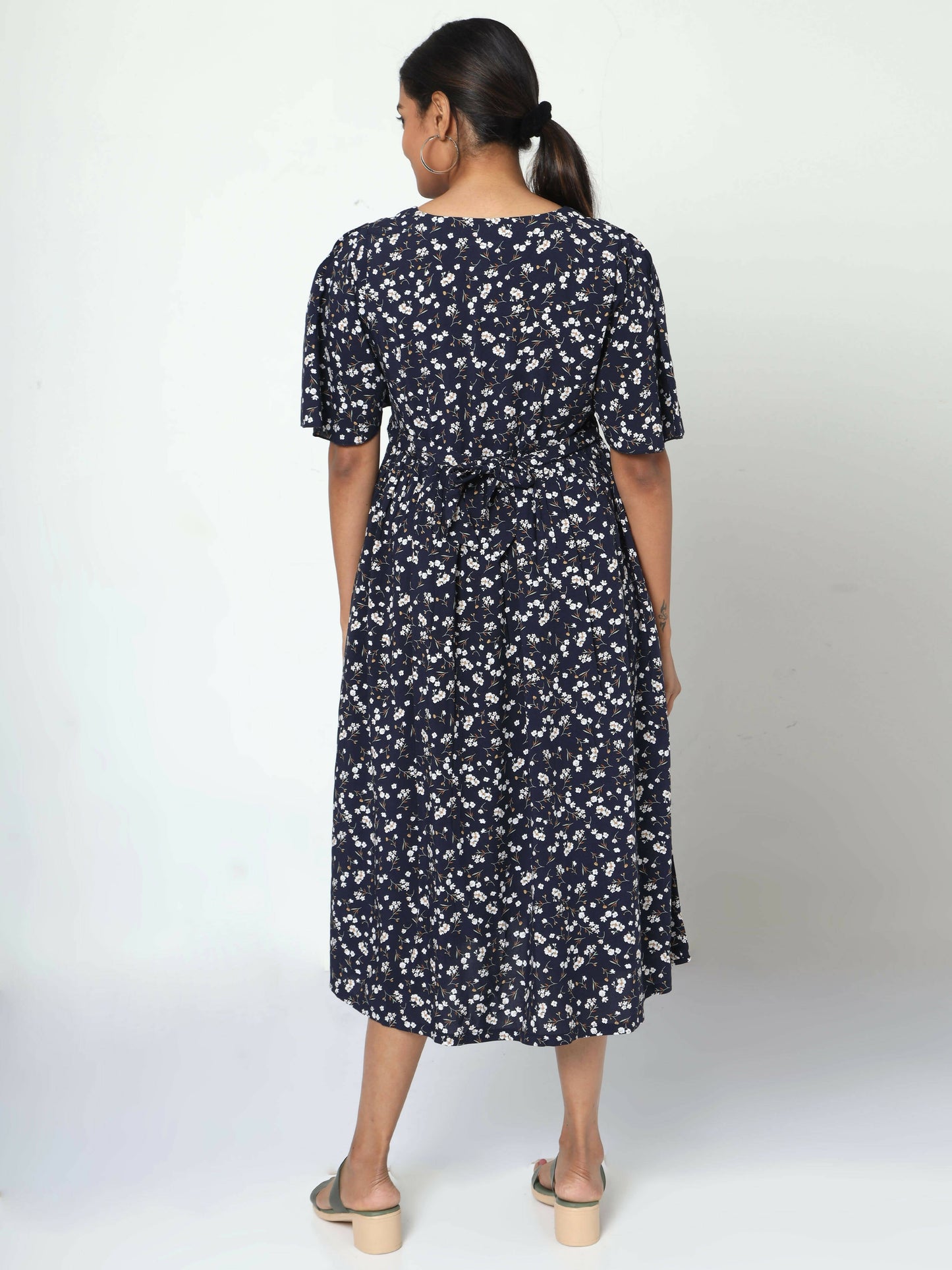 Manet Frill Slevees Maternity Dress Floral Print With Concealed Zipper Nursing Access - Navy