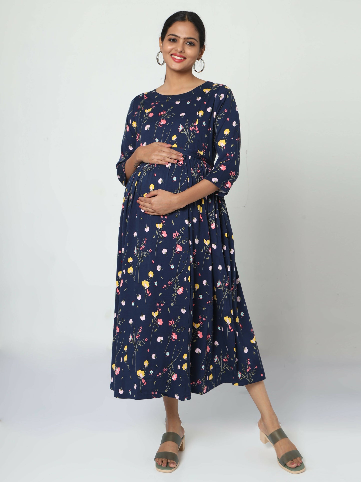 Manet Three Fourth Maternity Dress Floral Print With Concealed Zipper Nursing Access - Navy Blue