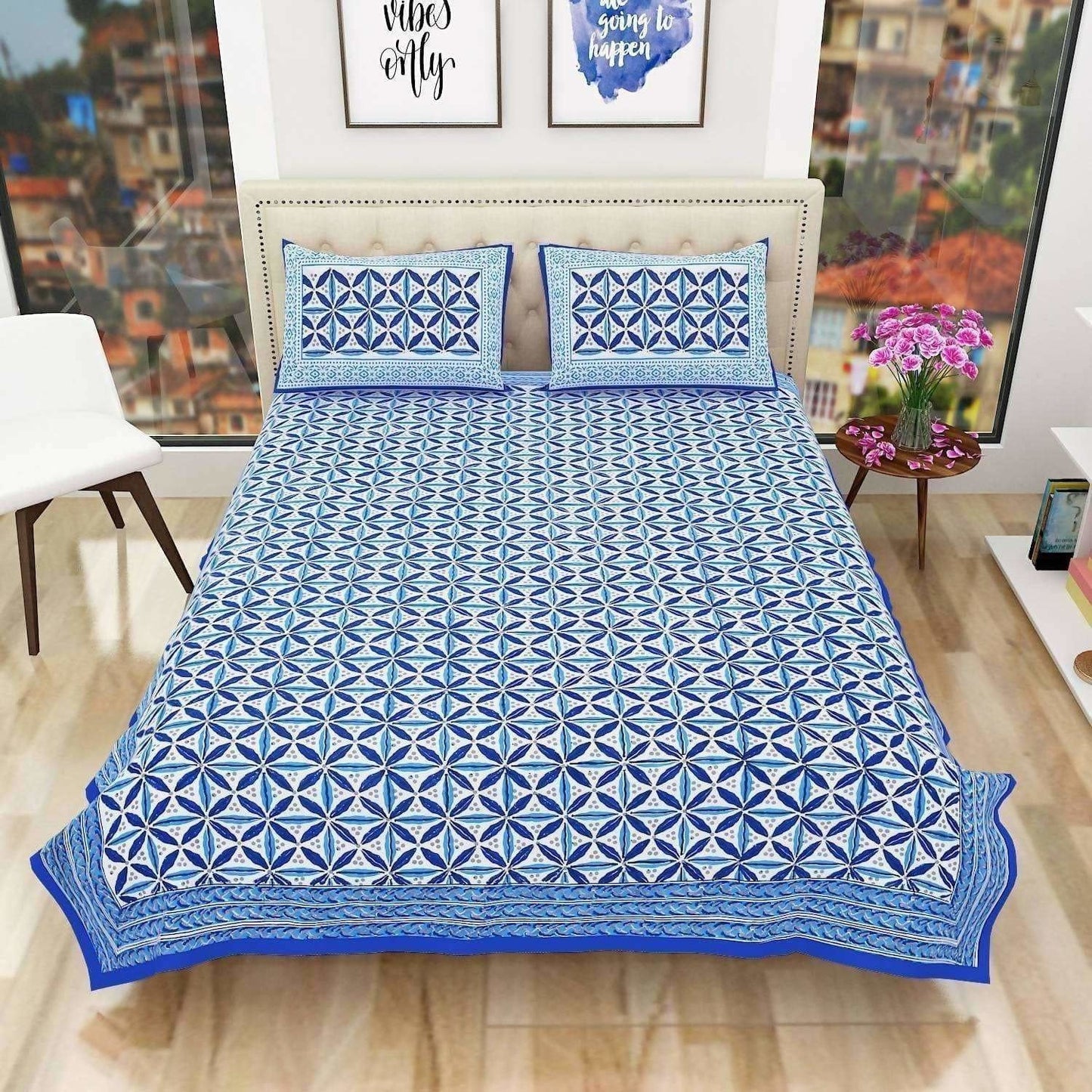 Premium Hand Printed Rajasthani Traditional Double/Queen Bedsheet with 2 Pillow Covers