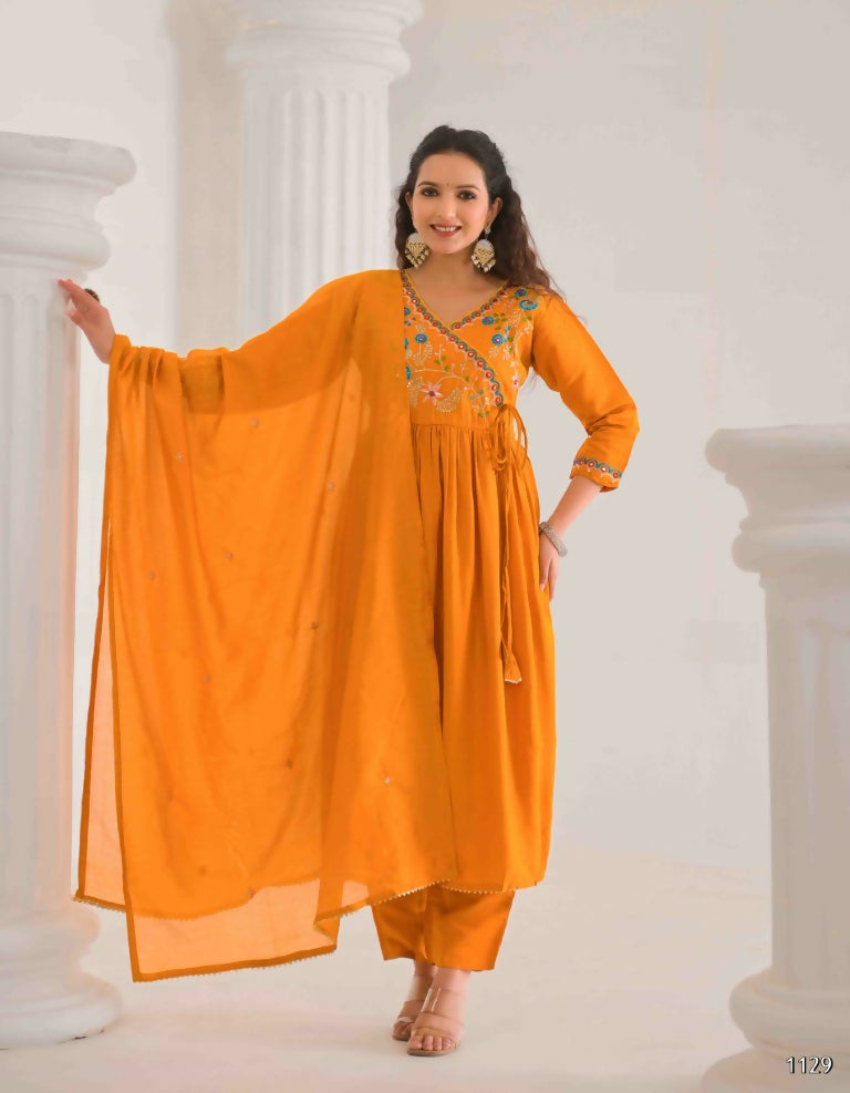 Ethnic Festive Wear Viscose Chanderi orange Stitched Suit With Dupatta - Tanisha