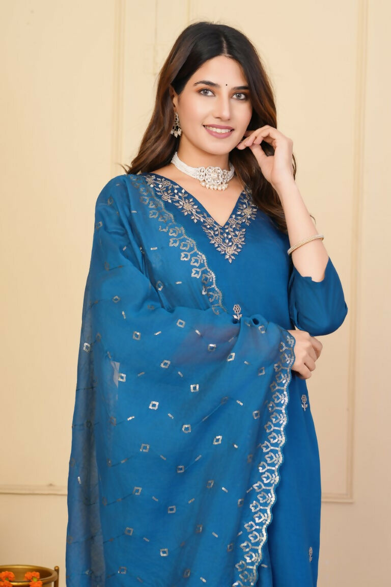 Rama Viscose Chanderi Embroidered Stitched Suit With Dupatta - Tanisha