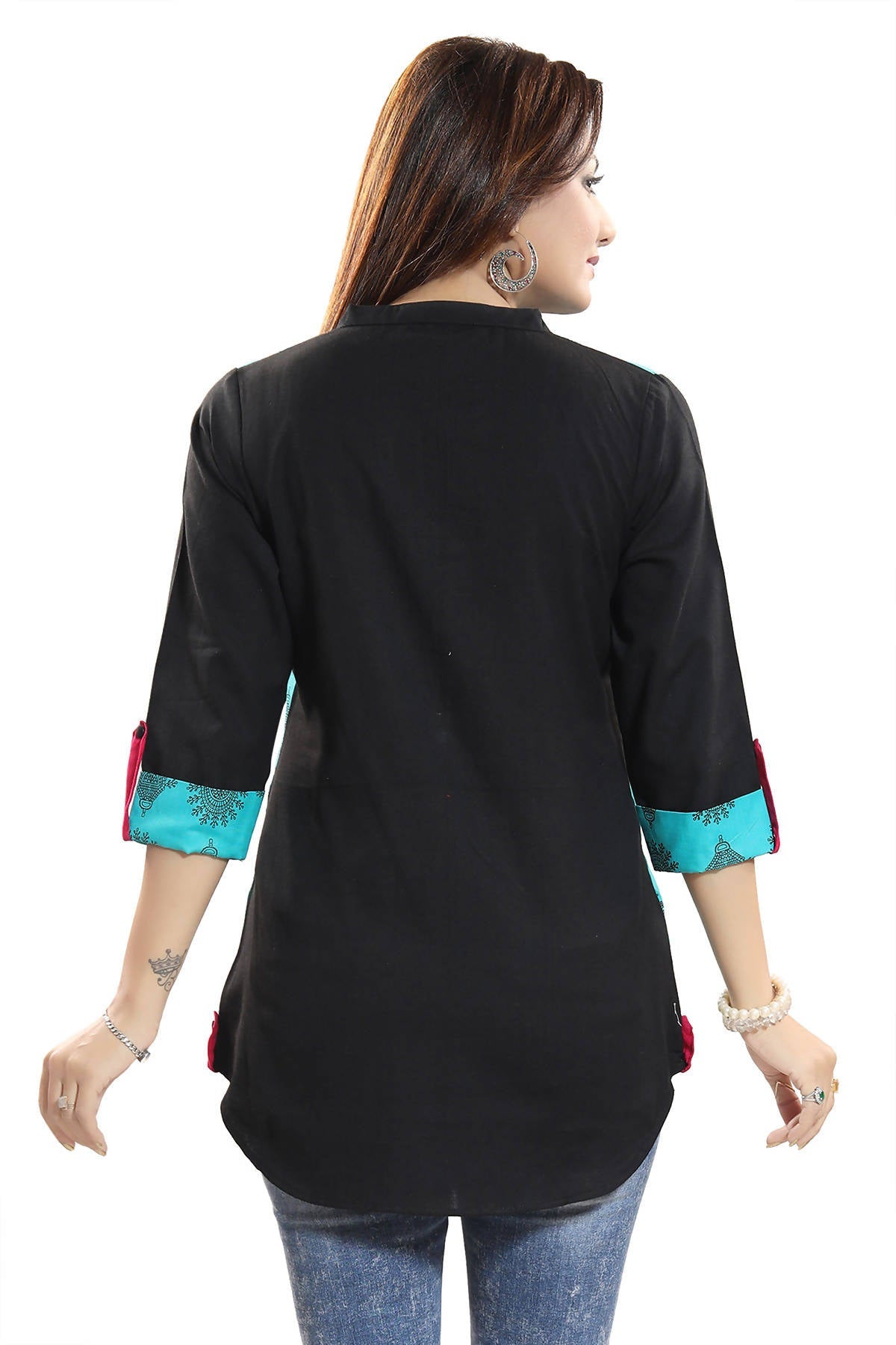 Snehal Creations Luscious Light Rama Cotton Printed Tunic Top With Roll On Sleeves
