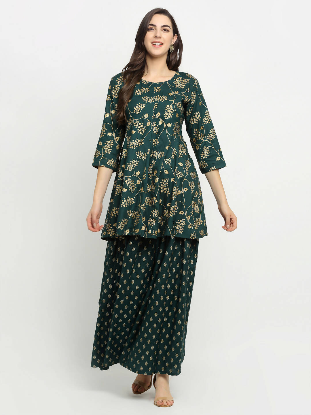 Rudra Bazaar Green Gold Printed Short Kurti With Skirt