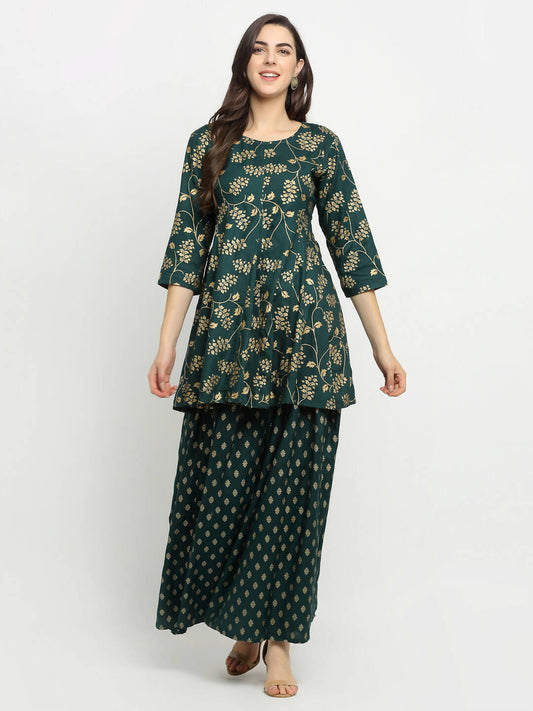Rudra Bazaar Green Gold Printed Short Kurti With Skirt