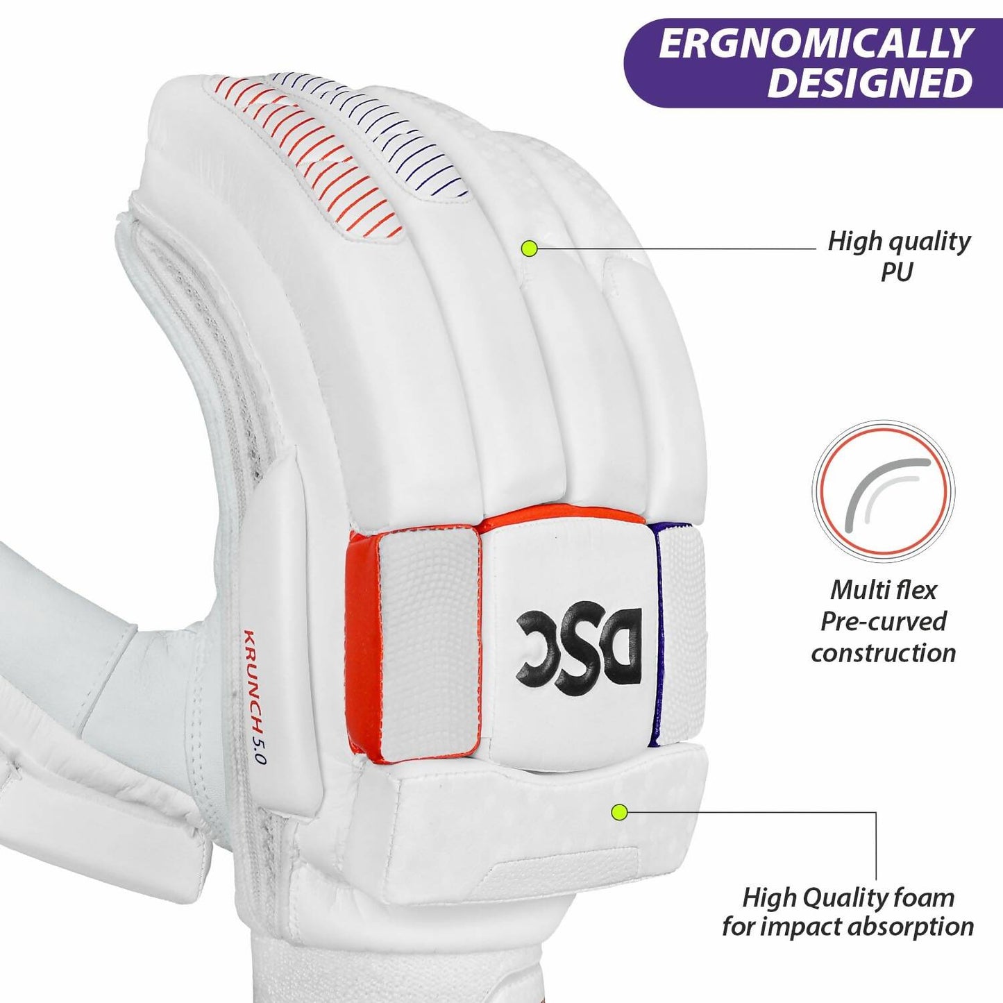 DSC Krunch 7.0 Men's Leather Right Hand Cricket Batting Gloves - Size Small (White Orange)