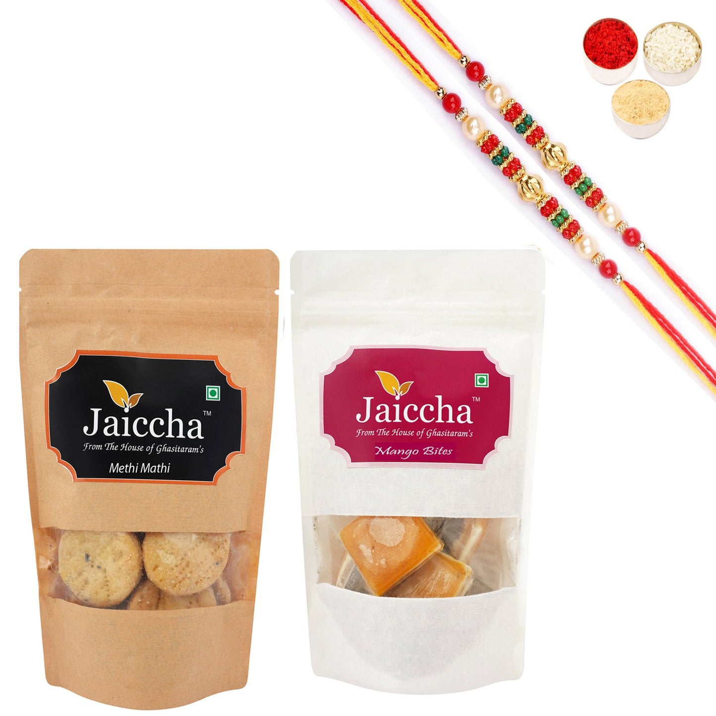 Ghasitaram Jaiccha Mango Bites and Methi Mathi With 2 Pearl Beads Rakhis