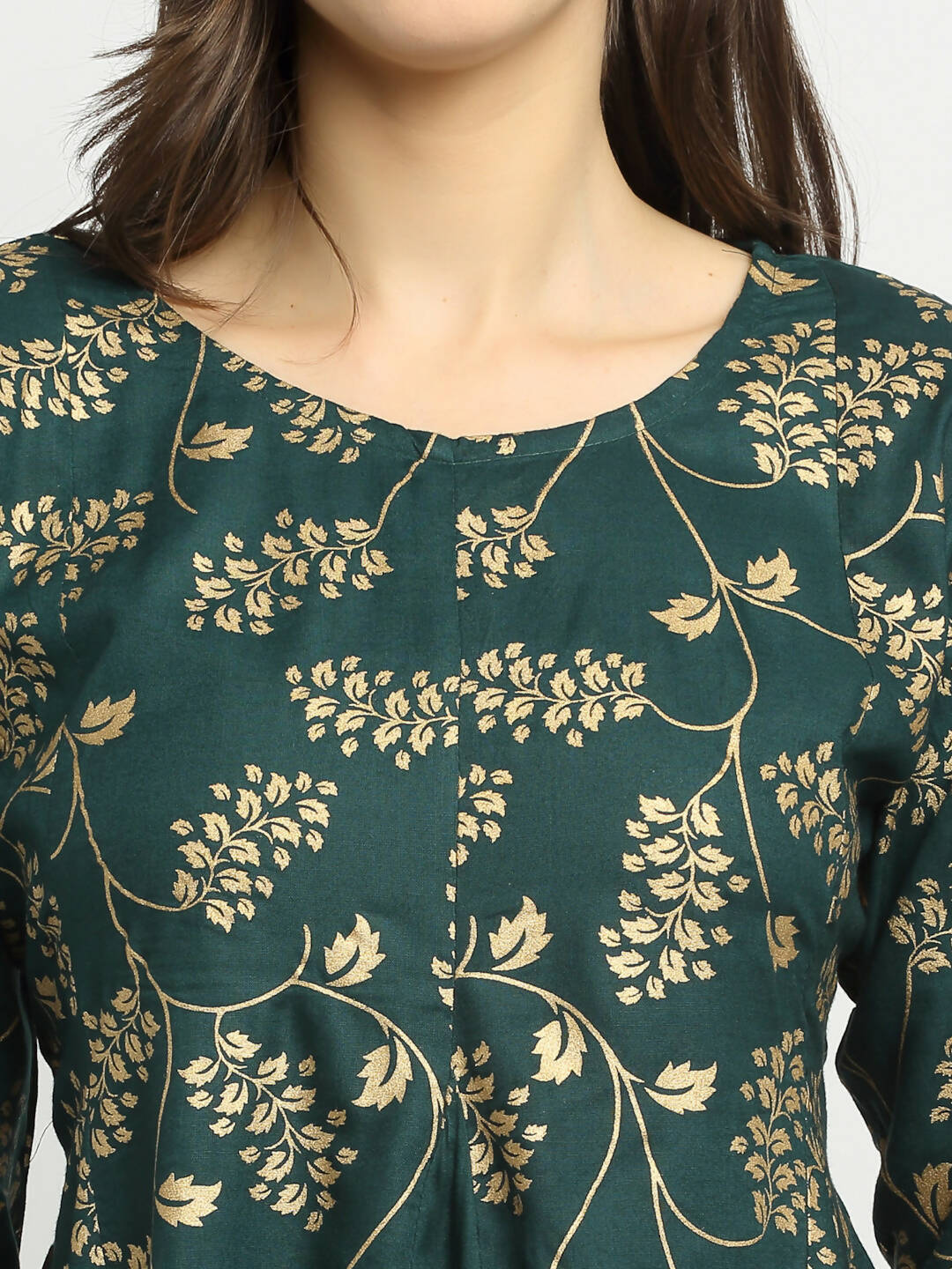 Rudra Bazaar Green Gold Printed Short Kurti With Skirt