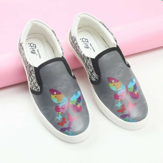 Tiny Bugs Girls Butterfly Print Slip Ons Sneakers - Dark Grey