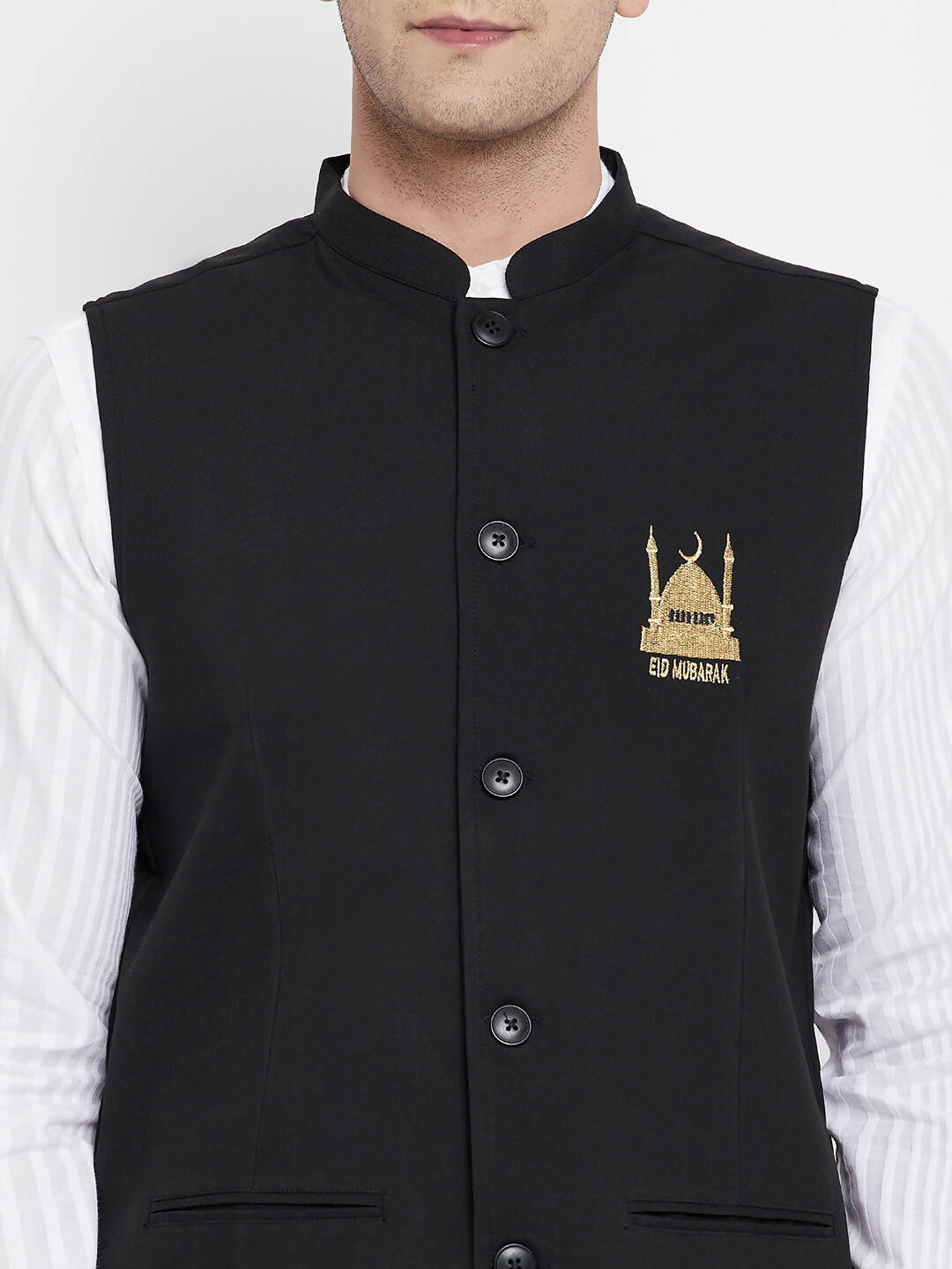 Even Apparels Black Pure Cotton Nehru Jacket With Eid Insignia NJ-PW668-EID