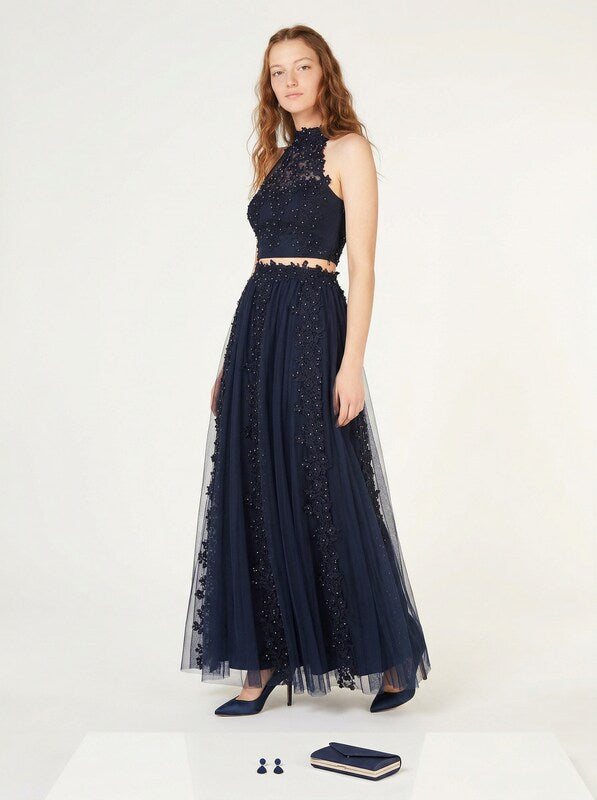 Say Yes to the Prom Juniors Rhinestone Applique Gown Top, Navy, Size 13