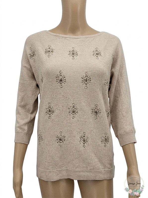 White House Black Market Sweater, Tan with Jewel Embellishments, Small