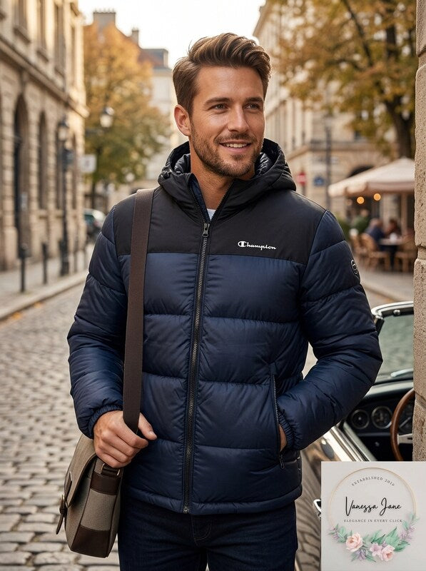 Champion Mens Contrast Lightweight Padded Hooded Jacket, Limited Edition Navy L