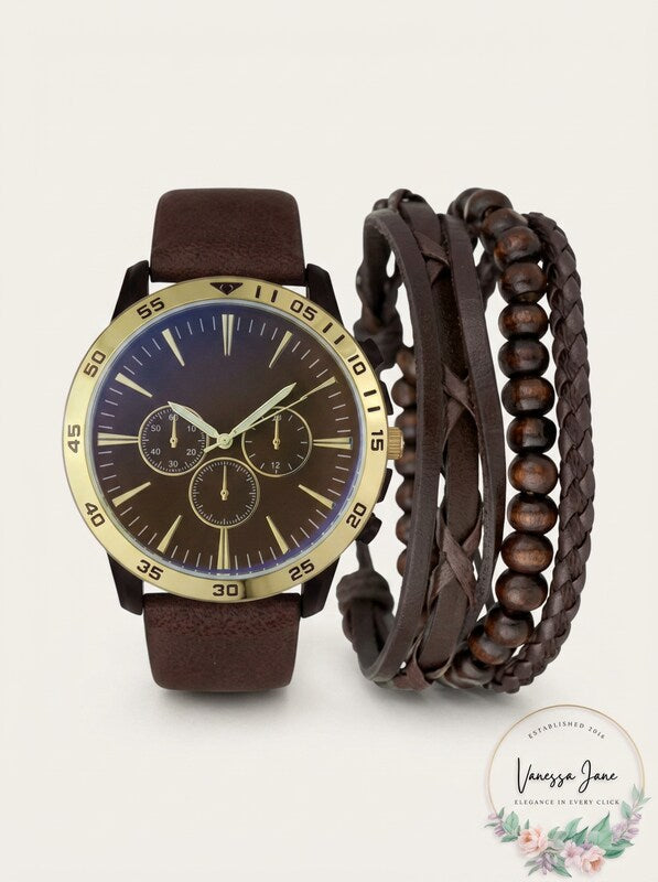 INC Brown Faux-Leather Strap Watch 48mm & 3-Pc. Bracelet Set, Created for Macy's