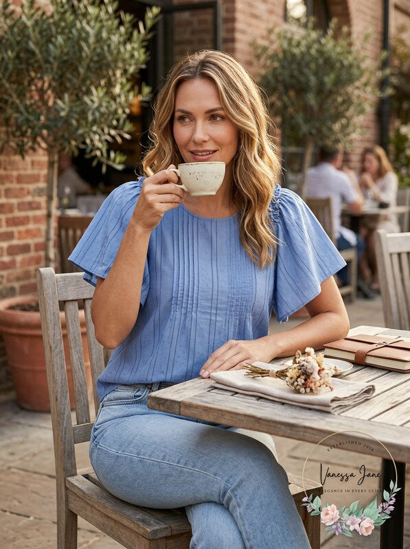 CeCe Flutter Sleeve Cotton Stripe Jacquard Blouse