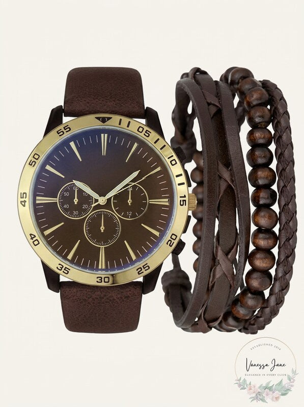 INC Brown Faux-Leather Strap Watch 48mm & 3-Pc. Bracelet Set, Created for Macy's