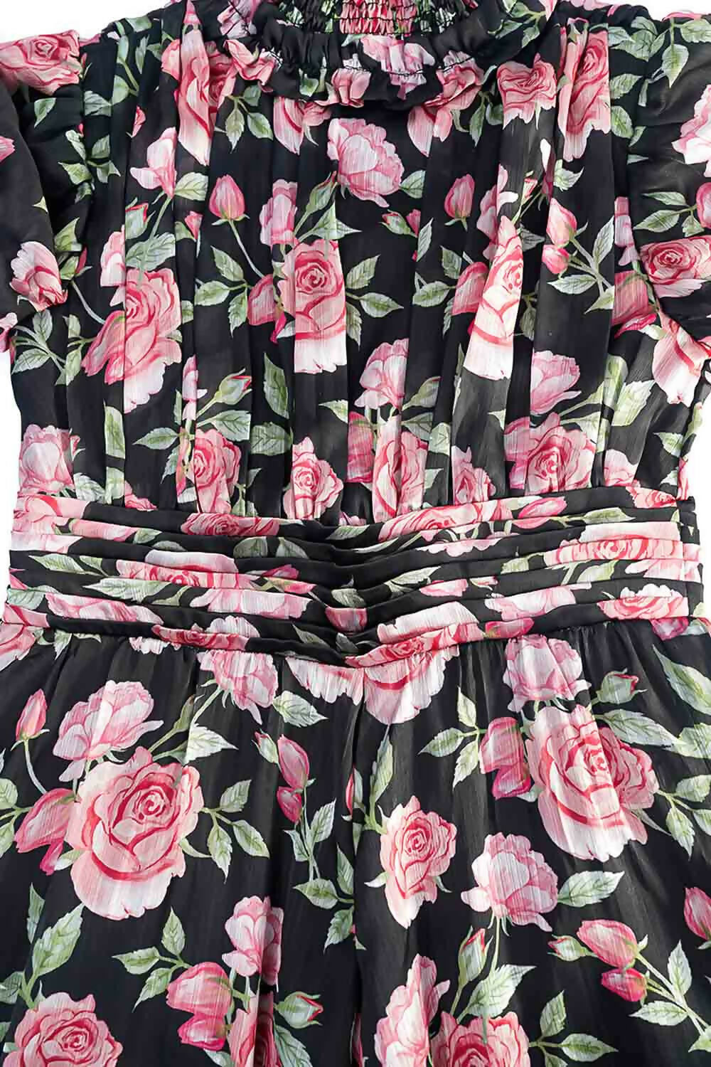 LH Luxury Fashion Runway Rose Long Shirred Dress – Elegant Black Flared Dress for Girls