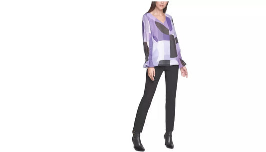 Calvin Klein Pleated-Sleeve Abstract-Print Top, Size Small