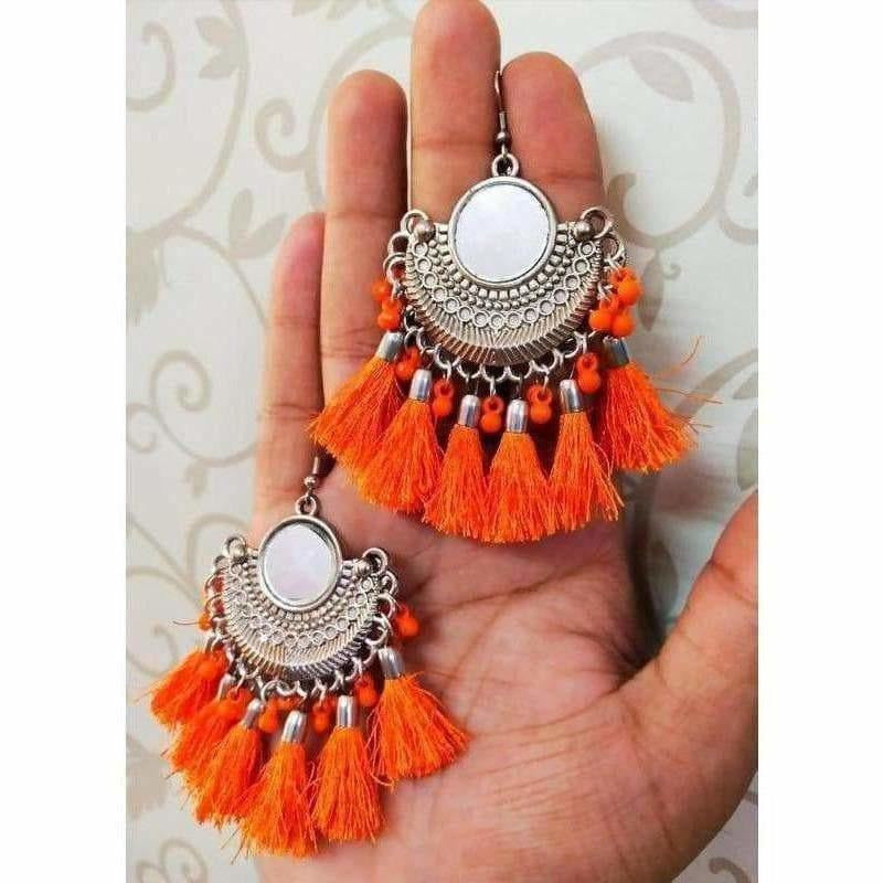 MS Fashion India Half Moon Chandbali Orange Color Silk Threads Mirror Tassel Silver Earrings