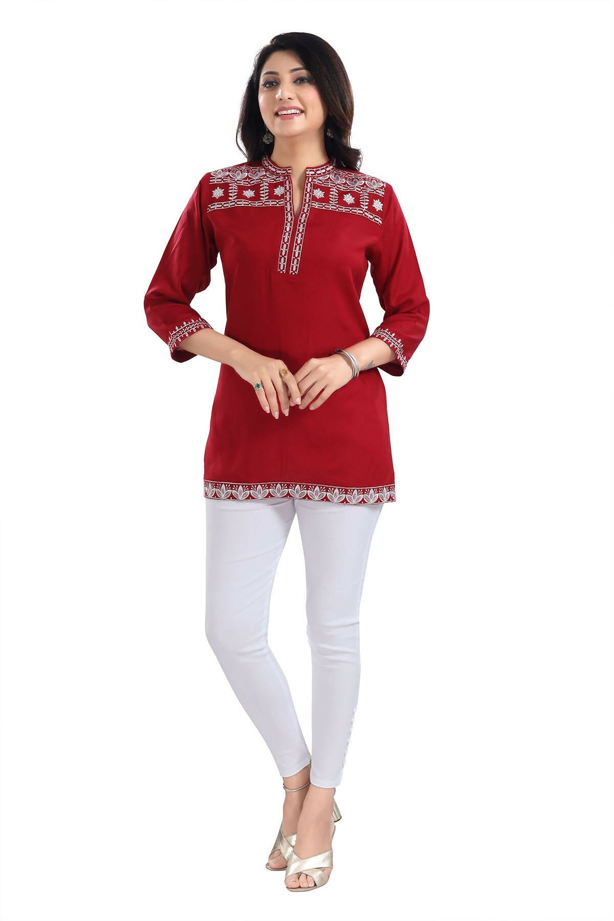 Snehal Creations Rosy Red Women Embroidered Boho Chic Tunic Top