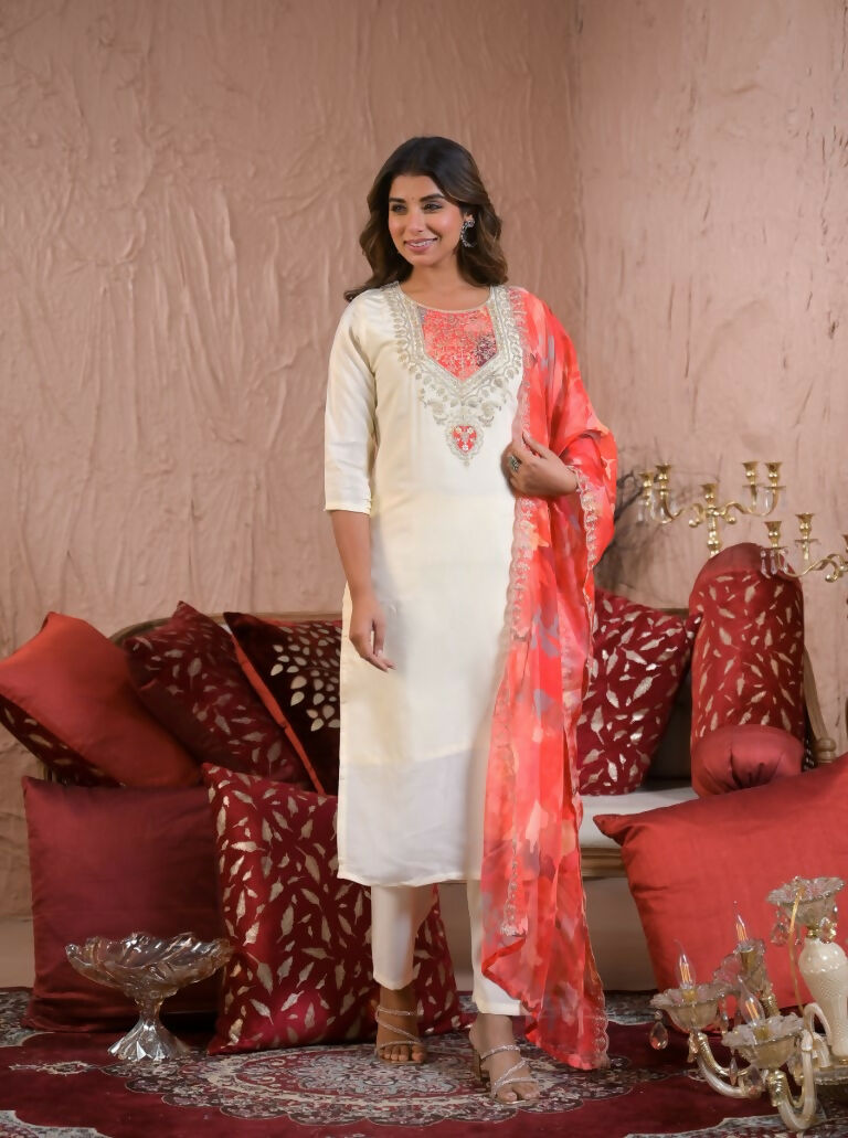 Ethnic Festive Wear Chanderi Silk Cream Stitched Suit With Dupatta - Tanisha