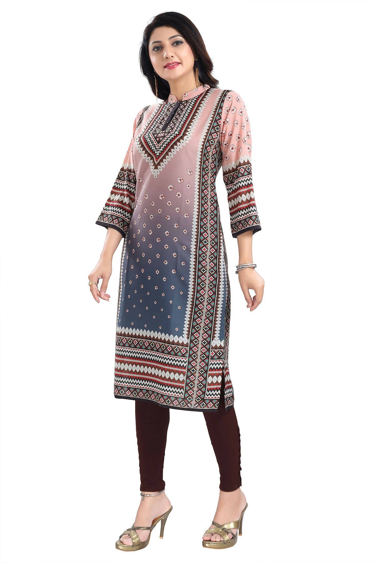 Snehal Creations Pinky Peach Designer Digital Print Masleen Fabric Long Kurti Tunic