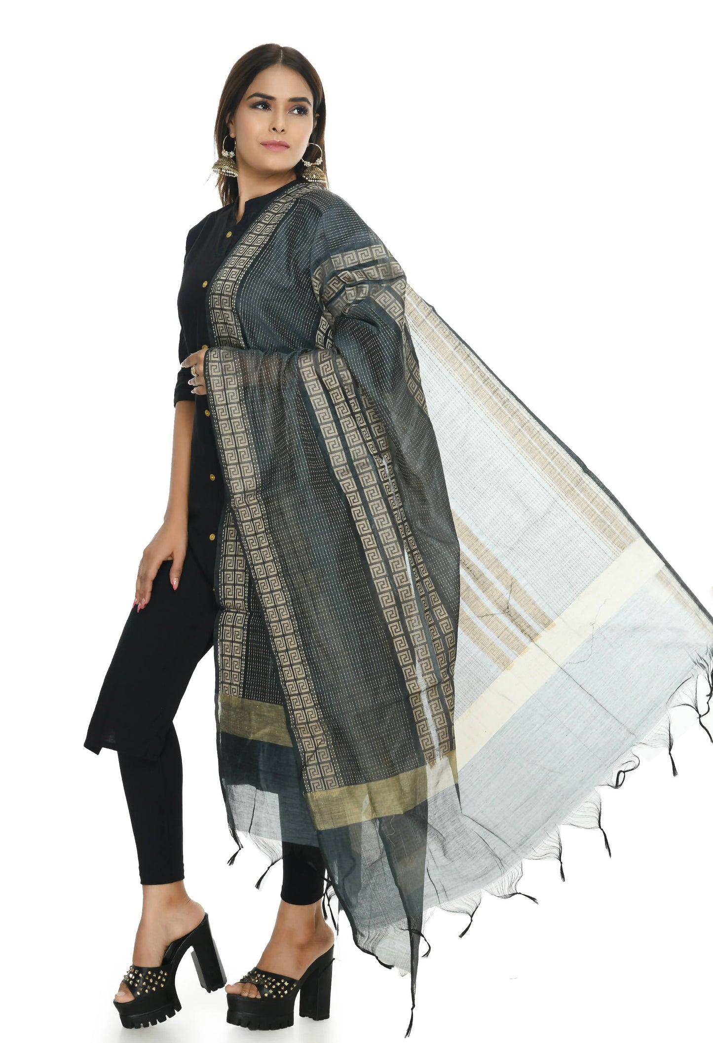 Mominos Fashion Moeza Handloom Cotton Grey Dupatta For Women