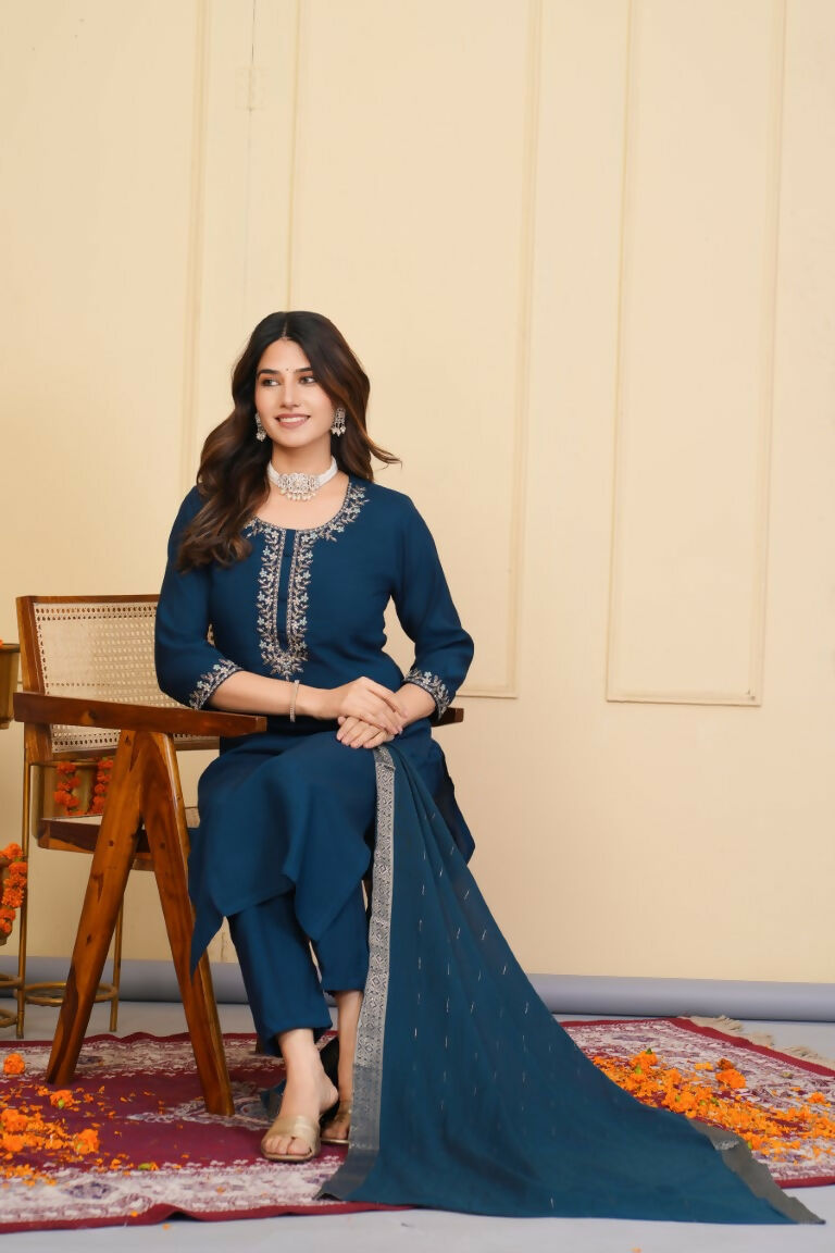 Blue Viscose Chanderi Embroidered Stitched Suit With Dupatta - Tanisha